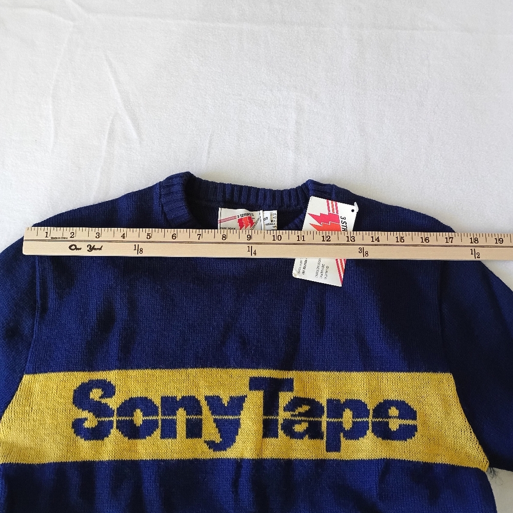 VINTAGE w/tag 1980's Extremely Rare Navy yellow Sony Tape knitted Sweater Size S - Picture 13 of 14